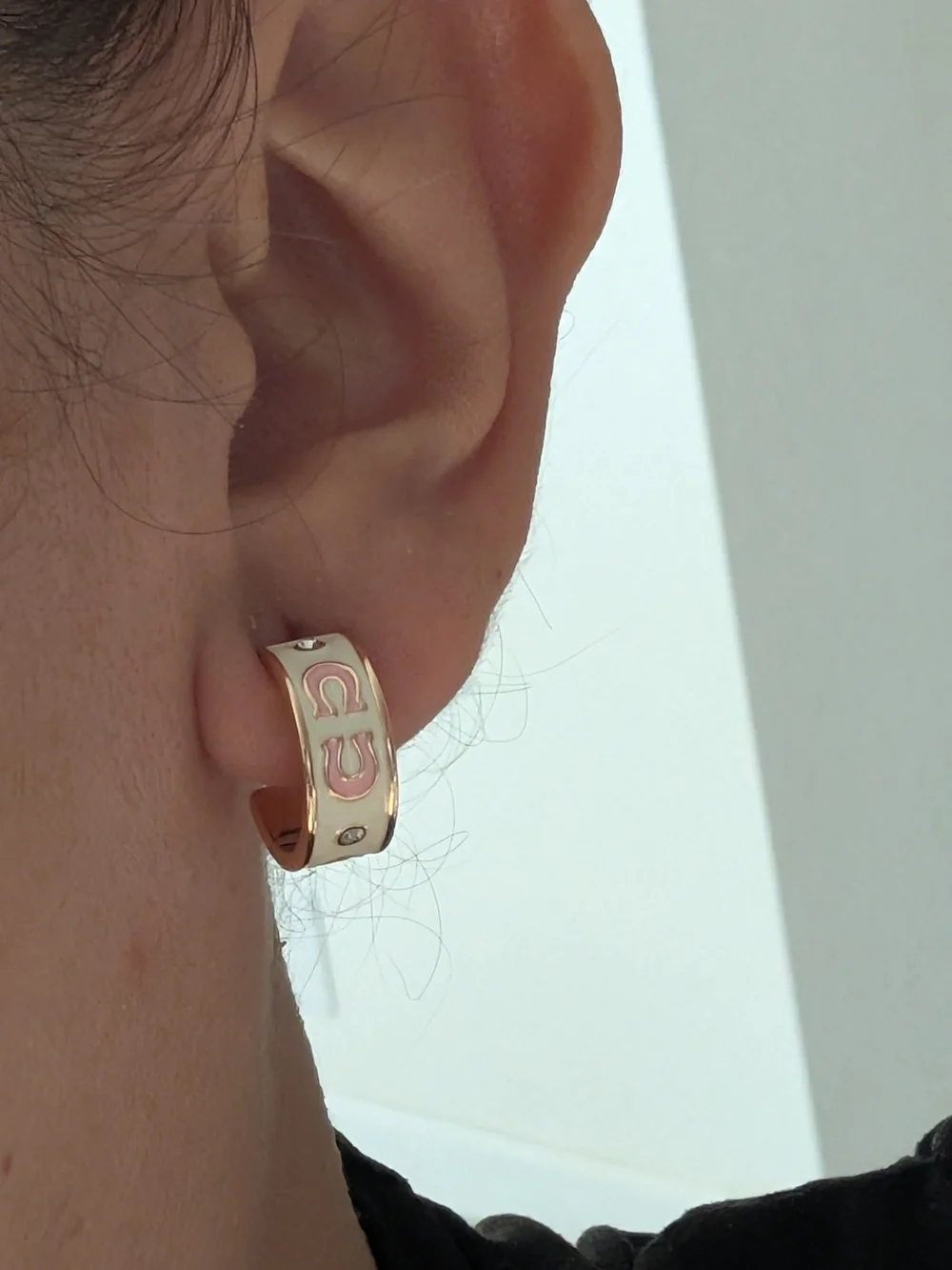 Coach Pink and White Enamel Hoop Earrings with Crystal Accent Nwot - Picture 7 of 7
